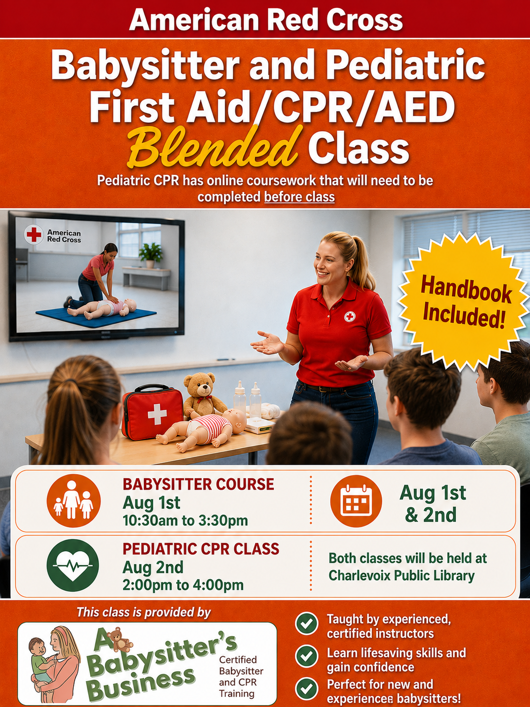 Red Cross Babysitter and Pediatric First Aid/CPR/AED Class - Official Certification - CHARLEVOIX Public Library